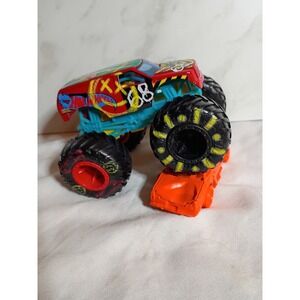 Hot Wheels Monster Truck 68 Graffiti Red Teal Diecast with Orange Crushed Car